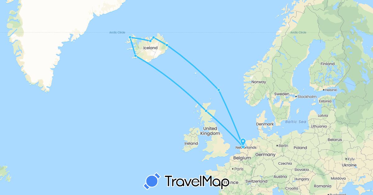 TravelMap itinerary: driving, boat in United Kingdom, Iceland, Netherlands (Europe)